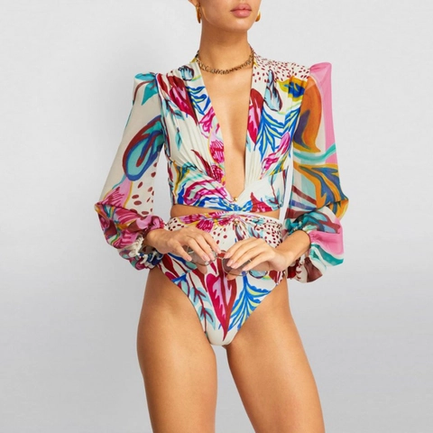 Dames Lange Mouw Monokini Sexy V-Hals Cutout Eendelig Badpak Bloemenprint Tropisch Strand Nylon Surf Badmode