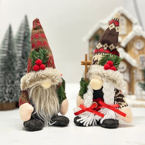 Décoration Peluche Gnome de Noël Poupée Sans Visage Avec Bonnet Tricoté Branche de Pin Scandinave Rudolph Gnome Ornement de Table Maison Cadeau