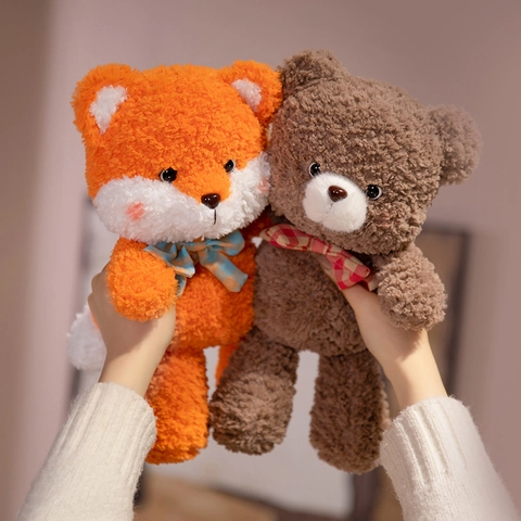 Peluche Animale Carino Velluto Artico Morbido Imbottito Volpe Coniglio Orso Pecora Con Fiocco A Quadretti Per Bambini Regalo Decorativo
