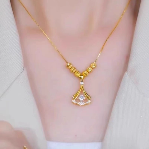 Collana Pendente Ventaglio Acciaio Titanio Rame Zircone Pietra Danzante Perle Oro Elegante Moda Catena Clavicicola Donne