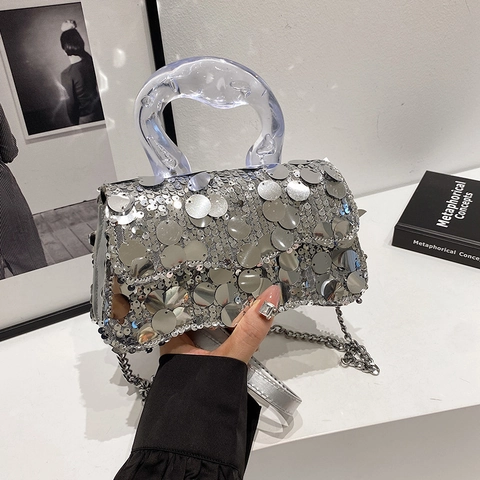 Pailletten Umhängetasche Damen Kleine Eckige Schultertasche Mit Transparentem Acrylgriff Metallkette Glitzernde Handtasche