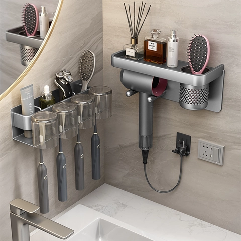 Wall Mounted Bathroom Organizer Space Aluminum Toothbrush Holder Mouthwash Cup Rack Hairdryer Storage Gunmetal Grey