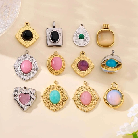 Pendente Per Collana In Acciaio Inossidabile Con Pietra Naturale Francese Vintage Cuore Ovale Quadrato Accessori DIY