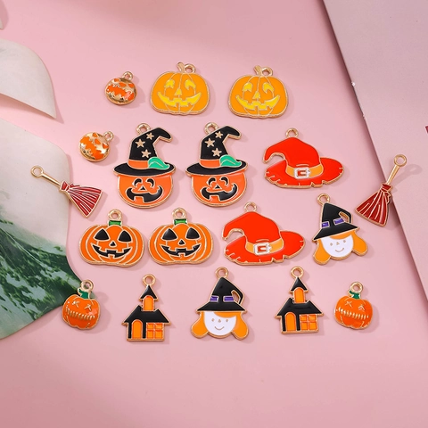 Halloween DIY Alloy Enamel Charms Pendants For Jewelry Making Pumpkin Witch Broom Haunted House Theme Crafting