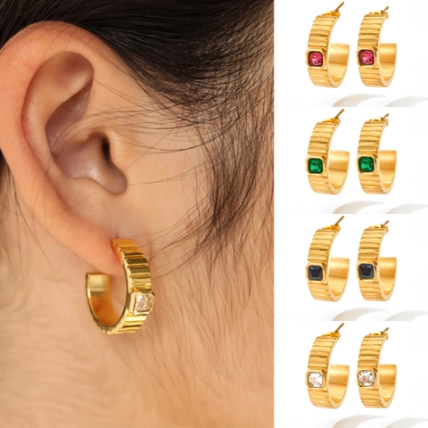 Stainless Steel C Shaped Hoop Earrings With Square Zircon Textured Stripe Retro Geometric For Women