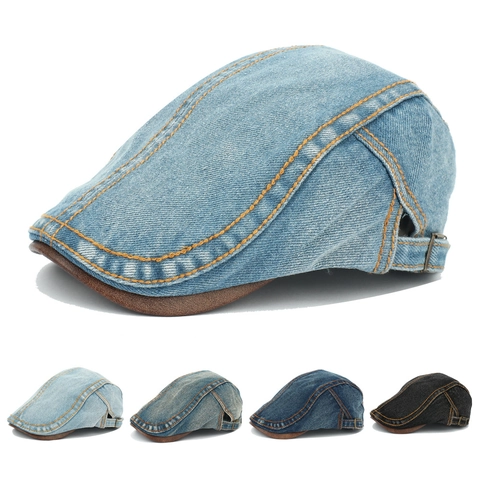 Berretto Ivy In Denim Lavato Vintage Cappello Piatto Retro Newsboy Pittore Con Tesa In Pelle Cuciture A Contrasto Regolabile