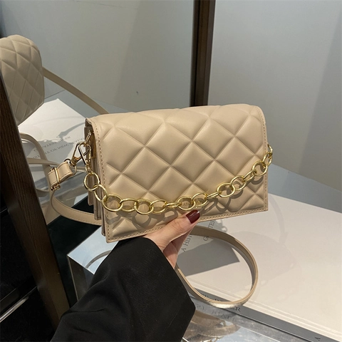 Sac À Épaule Matelassé Pour Femmes En Cuir PU Motif De Losanges Décoration De Chaîne Petit Sac Carré Fermeture Magnétique