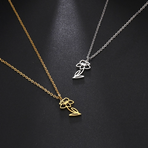 Collana Fiore di Nascita per Donna Placcata Oro 18K Acciaio Inossidabile Pendente Floreale Traforato Elegante Minimalista Gioielli Regalo Compleanno