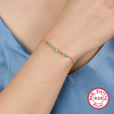 Chic 925 Sterling Silver Bracelet With Turquoise Stone And Zircon Accents Dainty Chain Jewelry For Women