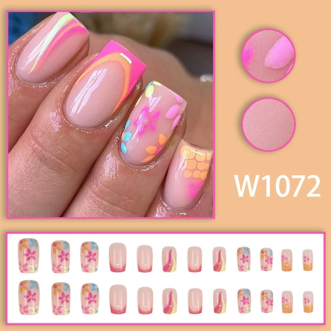 Colorful Flower Wave Press On Nails Square Sweet Elegant Summer Style Resin False Nails For Women With Glue