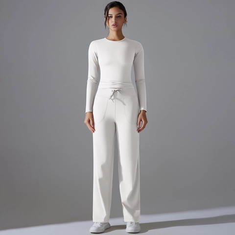 Women Yoga Long Sleeve Top And Wide Leg Drawstring Pants Breathable Nylon Spandex Slim Fit Sports Running Fitness