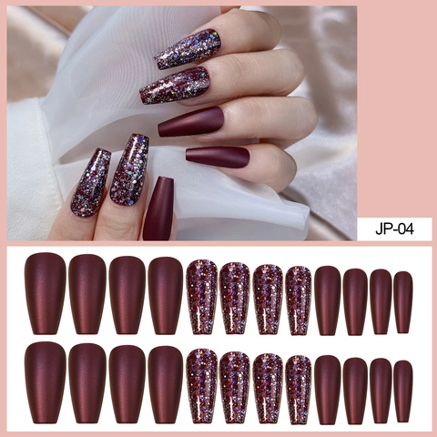 Press On Nails Wine Red Matte Glitter Long Coffin Artificial False Fingernails Elegant Manicure For Women