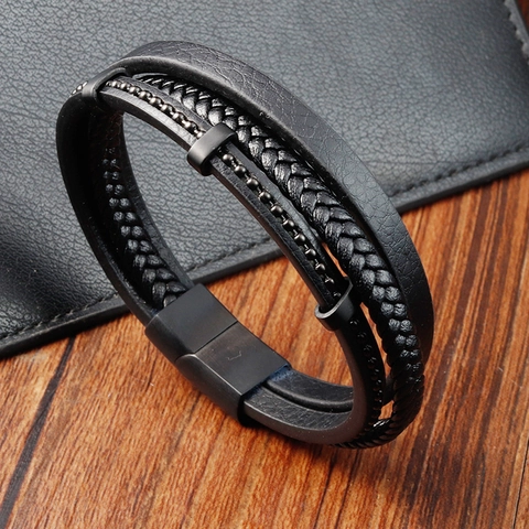 Herren Armband Mehrlagig Schwarz Geflochtenes Leder Glattes Rindsleder Mit 316L Edelstahlperlen Und Magnetverschluss