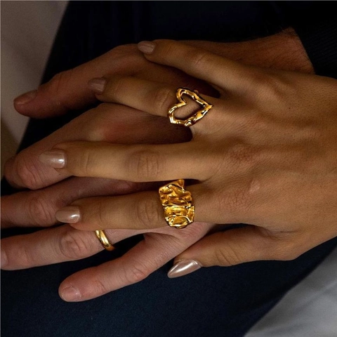 Anillo De Textura De Lava Irregular Acero Inoxidable Chapado En Oro De 18K Joyería Ajustable Abierta Minimalista Mujer