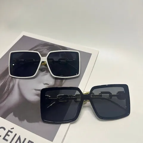 Oversized Square Sunglasses Plastic Frame UV400 Protection Metal Chain Temples Fashion Retro For Women And Men