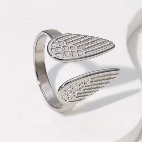 Anillo Abierto De Alas De Ángel Acero Inoxidable Ajustable Textura De Pluma Joyería Pulida Para Mujeres Estilo Personalizado