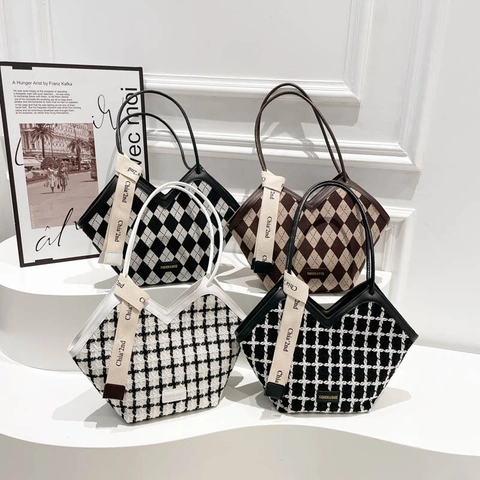 Vintage Plaid Argyle Tweed Tote Bag Für Damen Große Kapazität Umhängetasche Mit V-Ausschnitt Und Banddekoration