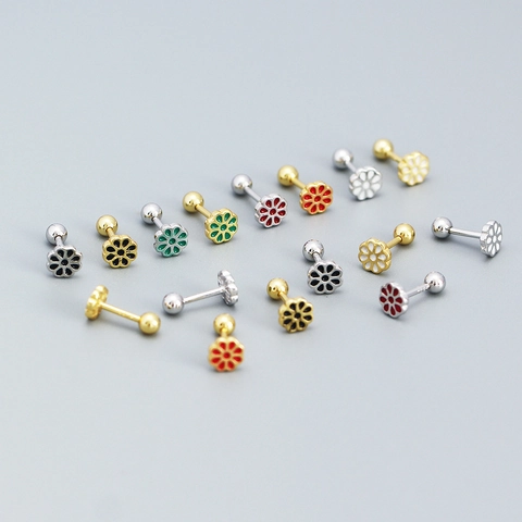 Boucles D Oreilles Fleur Argent Sterling 925 Émail Floral Os D Oreille Fermoir À Vis Boule Petit Design Pour Femme