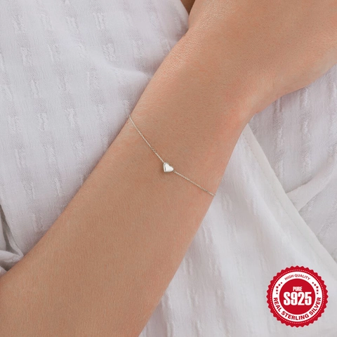 Minimalist Heart Pendant Bracelet 925 Sterling Silver Fine Chain For Women Elegant Daily Office Jewelry Gift