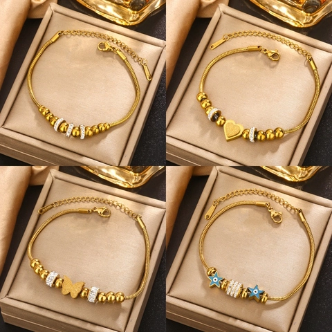 Stainless Steel Bracelet For Women Gold Silver Rhinestone Butterfly Star Heart Evil Eye Charm Snake Chain Jewelry Gift