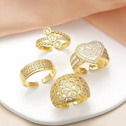 Copper Zirconia Open Ring Heart Hollow Geometric Adjustable Band For Women Fashion Minimalist Commuter Jewelry Finger Ring