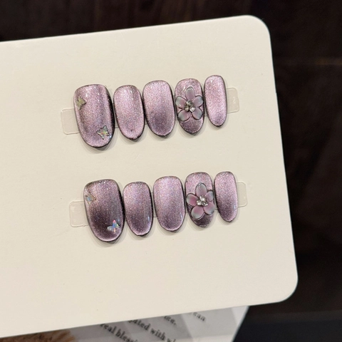 Handmade Purple Cat Eye Press On Nails With 3D Flower Butterfly Rhinestone Japanese Oval Glossy Reusable Fake Nails For Women