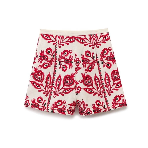 Short Brodé Taille Haute Femmes Mélange Coton Ethnique Floral Bohème Décontracté Vacances