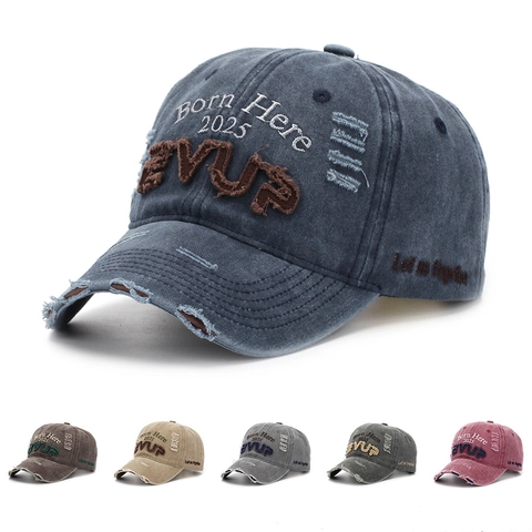Casquette De Baseball En Coton Lavé Vieilli Vintage Broderie Lettres 3D Bord Effiloché Protection Solaire Style Urbain