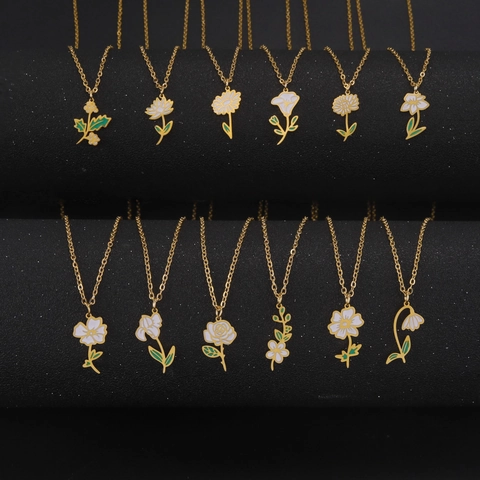 Stainless Steel 12 Birth Month Flower Pendant Necklace Gold Silver Enamel Floral Necklace For Women Fashion Jewelry Gift