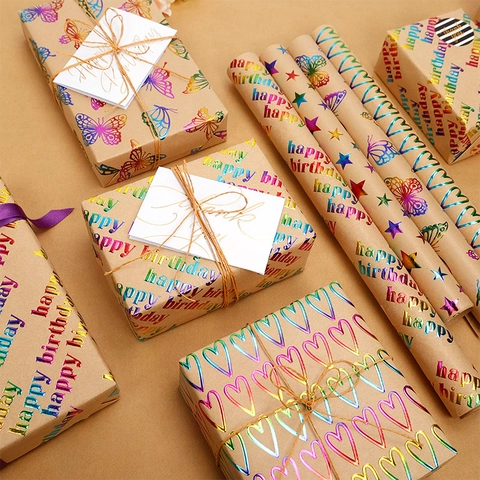 Birthday Gift Wrapping Paper Roll Kraft Paper Rainbow Holographic Foil Embossed Butterfly Star Heart Pattern Party Decor