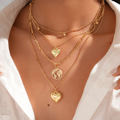 Mehrlagige Halskette Legierung Gold Herz Weltkarte Anhänger Lange Pulloverkette Geometrisch Retro Damen Accessoires