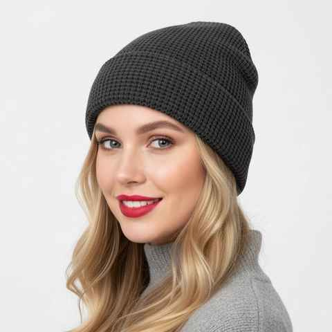 Waffle Knit Beanie Hat Acrylic Warm Winter Thermal Solid Color Folded Cuff Casual Soft Skull Cap Unisex