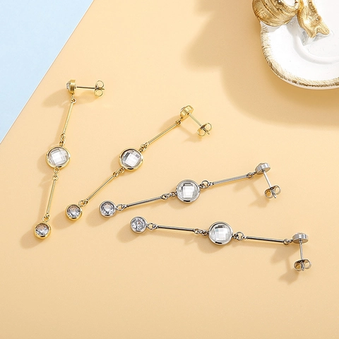 Stainless Steel Drop Dangle Earrings For Women With Rhinestone Long Tassel Geometric Three Round Crystal