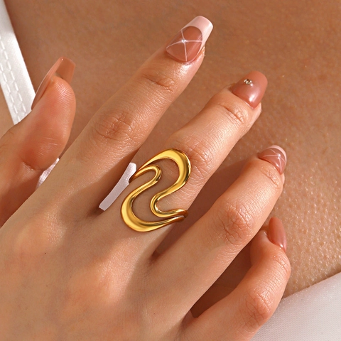 Anillo De Ola De Acero Inoxidable Mujer Chapado En Oro De 18K Ajustable Abierto Geométrico Irregular Línea Minimalista