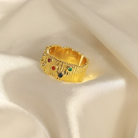 Retro Geometric Open Rings For Women Adjustable Copper Inlaid Multi Color Zircon Irregular Texture Light Luxury Jewelry