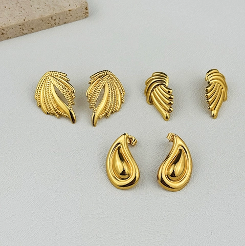18K Gold Plated Stainless Steel Stud Earrings For Women Minimalist Geometric Feather Waterdrop Style With 925 Silver Post Jewelry
