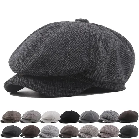 Newsboy Cap Men Vintage British Peaky Blinders Style Flat Cap Autumn Winter Warm Polyester Cotton Blend Plaid Herringbone