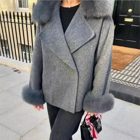 Manteau En Laine Pour Femmes Style Britannique Élégant Col Et Poignets En Fausse Fourrure Veste Grise Ample Automne Hiver