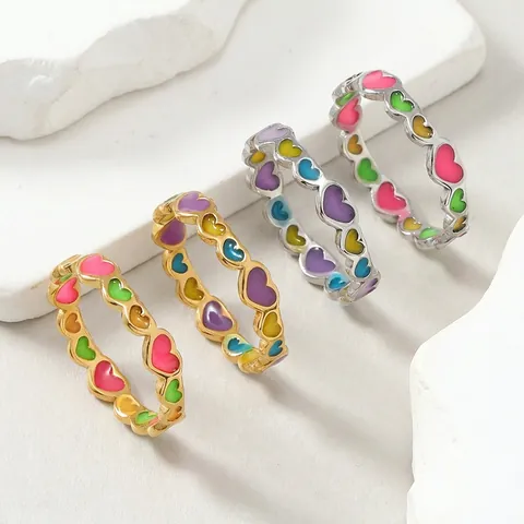 Anillos De Esmalte De Corazón Colorido Acero Inoxidable Aceite De Goteo Luminoso Joyas Estilo Dulce Para Mujeres