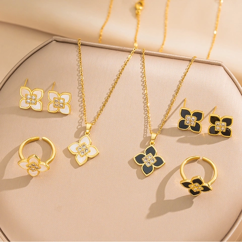 Elegant Lucky Four Leaf Clover Necklace Earrings And Open Ring Copper 18K Gold Plated Enamel Zircon Jewelry For Women
