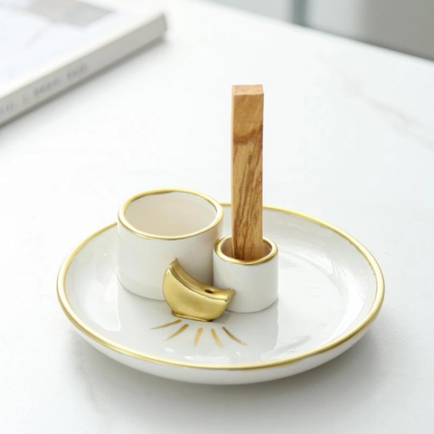 Bruciatore Incenso Ceramica Porta Palo Santo Salvia Fase Lunare Celeste Stella Vassoio Arredo Meditazione Zen Accessorio