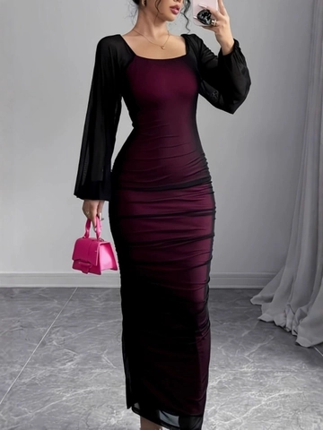 Elegant Ruched Maxi Dress Mesh Sheer Long Sleeve Sexy Bodycon Solid Color Evening Party Wear For Women