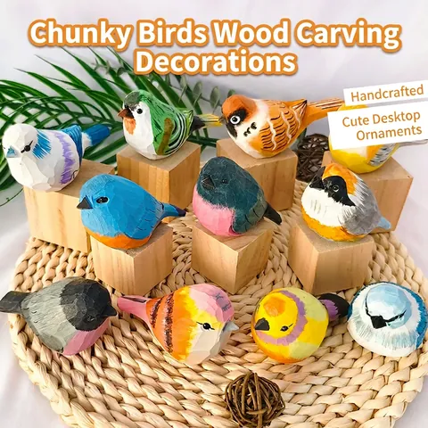 Hand Carved Basswood Bird Figurine Cute Hand Painted Wooden Animal Sculpture Desktop Ornament Office Home Decor