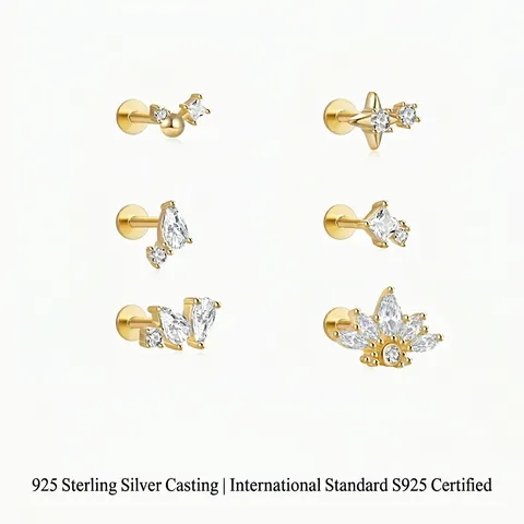 925 Sterling Silver Star Zirconia Cartilage Stud Earrings Threaded Piercing Jewelry For Women Geometric Hypoallergenic