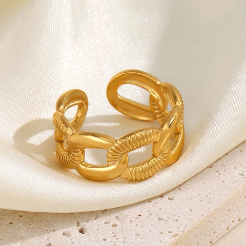 Anillo Eslabones Cadena Acero Inoxidable Chapado Oro 18K Textura Martillada Apertura Ajustable Hip Hop Industrial