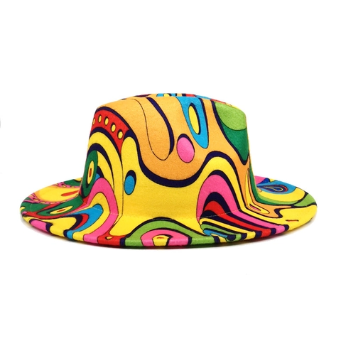 Fedora Hat Woolen Felt Digital Print Colorful Graffiti Pattern Wide Brim Jazz Top Hat For Men Women Fashion