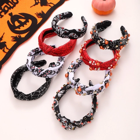 Cerchietto Annodato Per Halloween Tessuto Perle Strass Teschio Ragnatela Zucca Accessori Per Capelli Da Festa Donna