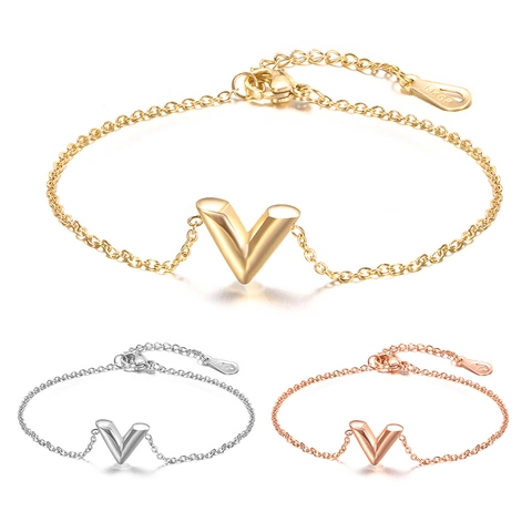 Braccialetto Semplice con Pendente a Lettera V in Acciaio Inossidabile per Donna Moda Personalizzata Placcato Oro 18K Catena O Gioielli