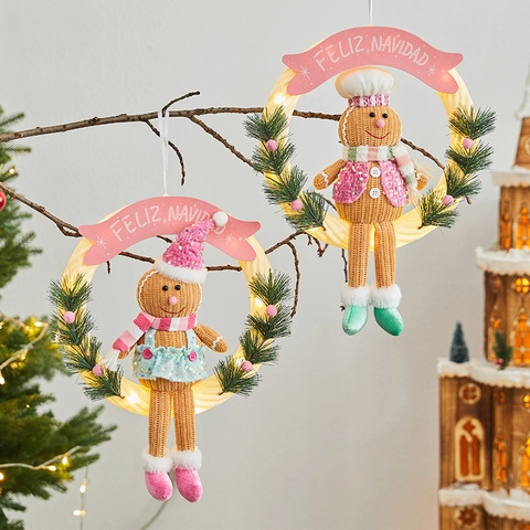 Ornamento Appeso Corona Di Natale Anello In Rattan Babbo Natale Pupazzo Di Neve Renna Omino Di Pan Di Zenzero Bambola Peluche