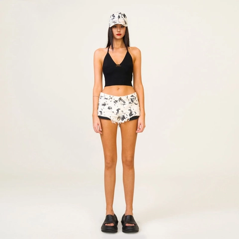 Pantaloncini Di Jeans Donna Vita Bassa Cotone Stampa Macchie Inchiostro Camuffamento Astratto Orlo Sfilacciato Streetwear Estate